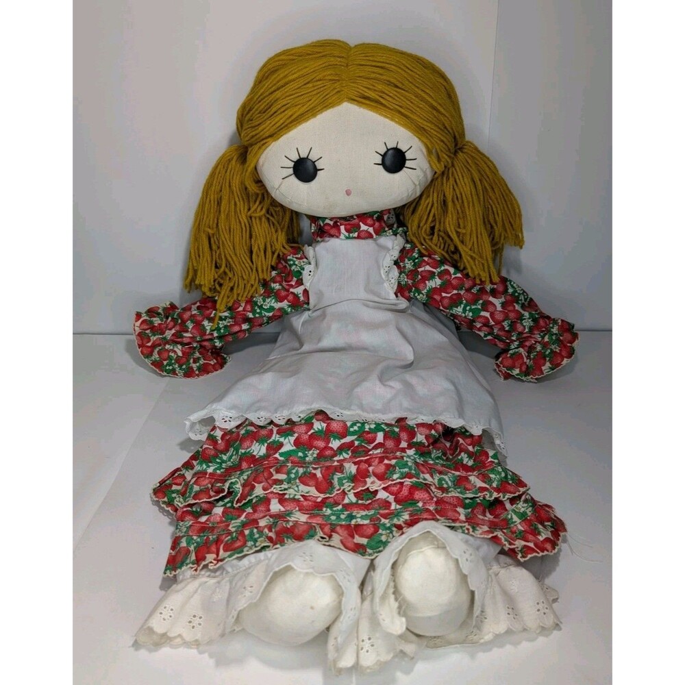 Vtg Strawberry Dress 32" Rag Doll 1980s Handmade Cottagecore Folk Art Doll Vogue